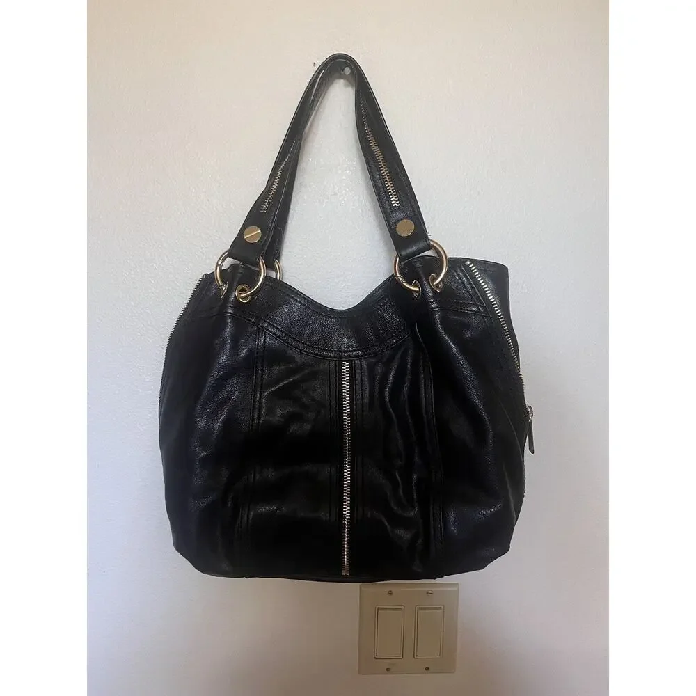 Michael Kors Moxley Black Leather Gold Zippers Details Shoulder Bag